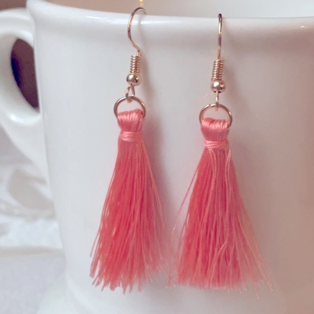 Pink tassel gold hook dangle earrings